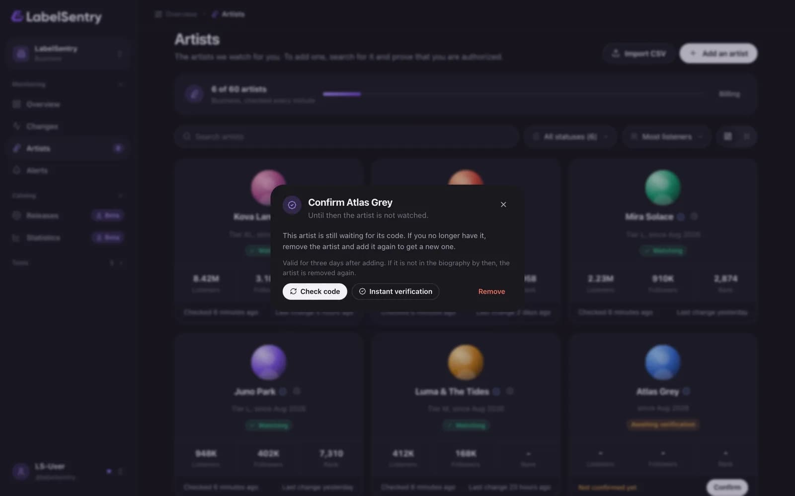 Confirming an artist with the code