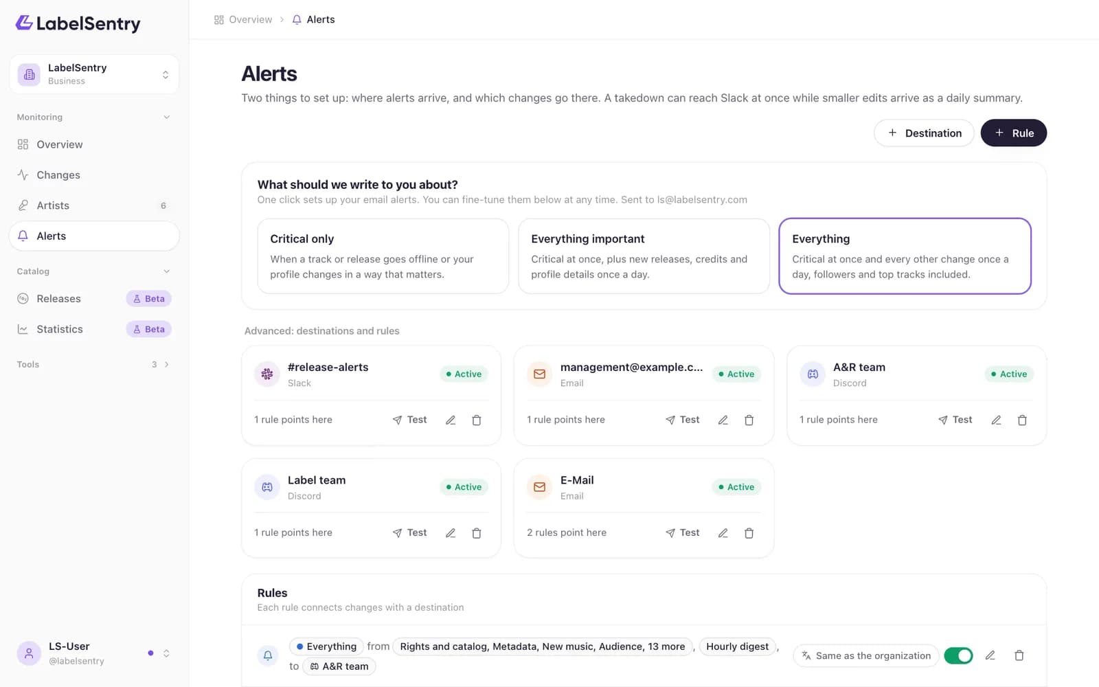 Destinations and rules on the Alerts page