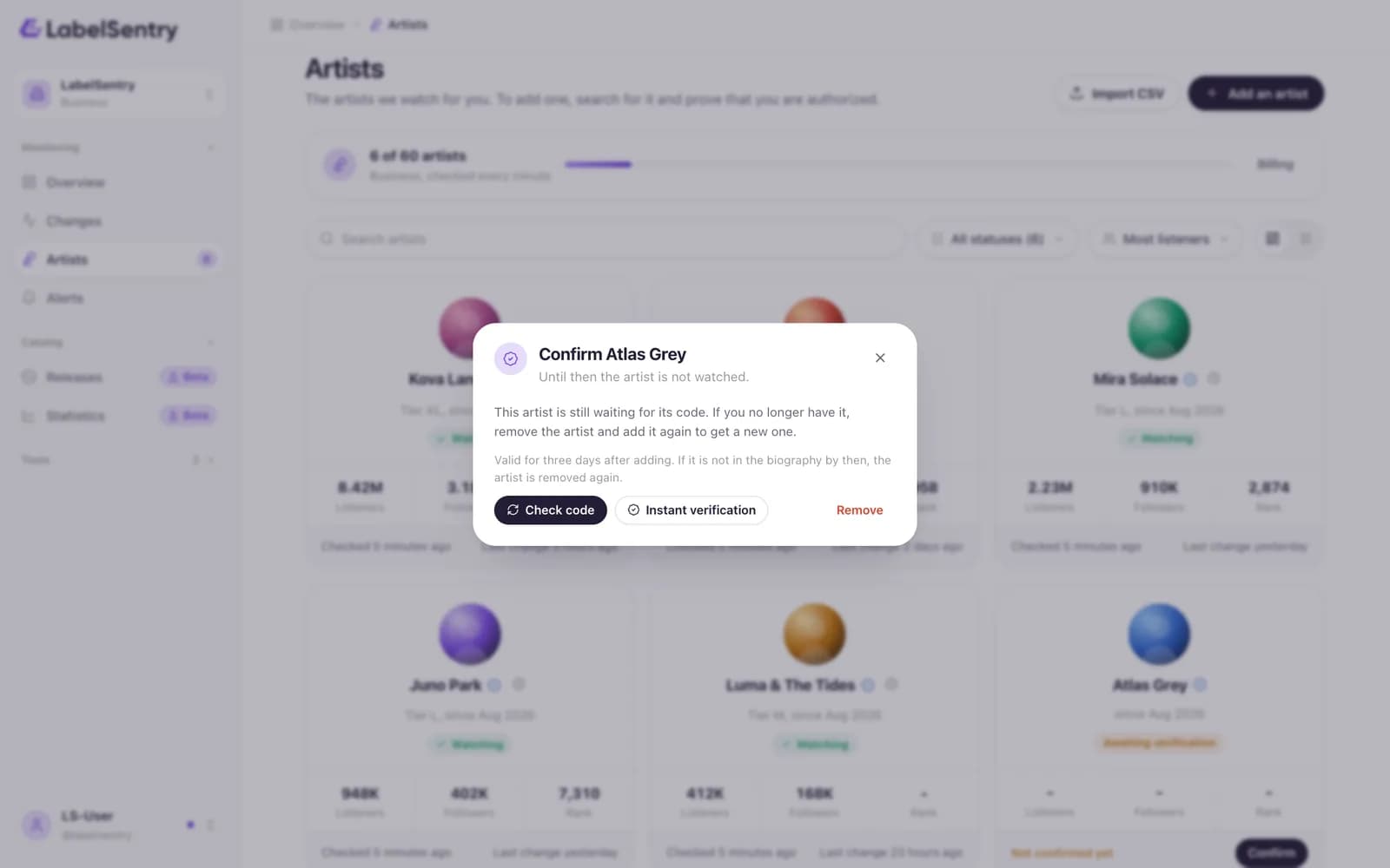 Confirming an artist with the code